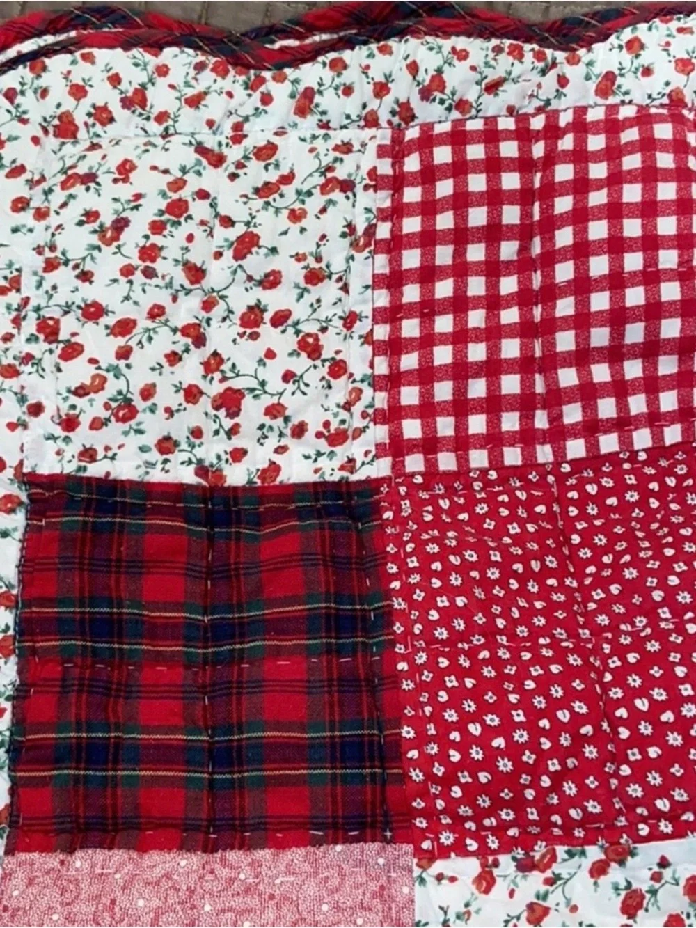 Vintage Patchwork Scalloped Quilt & 2 Shams Checks & Plaids 94 x 98